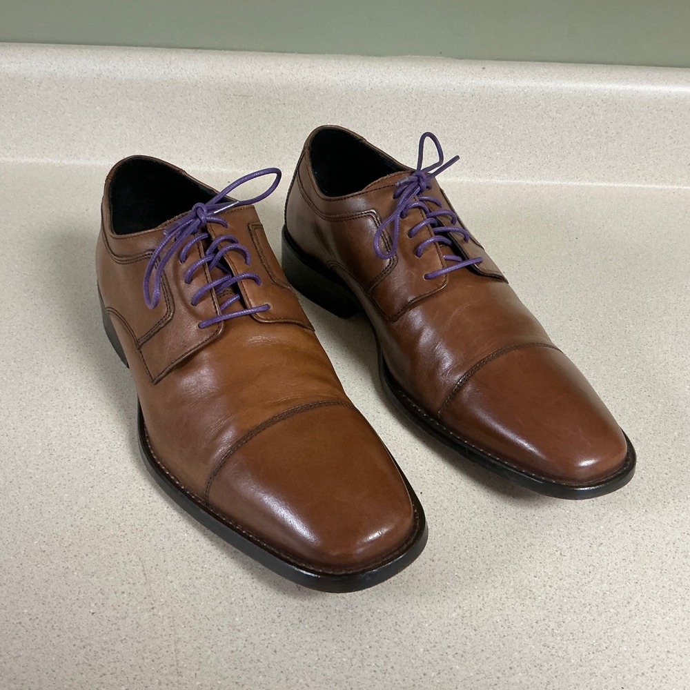 Johnston & Murphy J. Murphy Mens Brown Leather Cap Toe Oxford Shoes Purple Laces